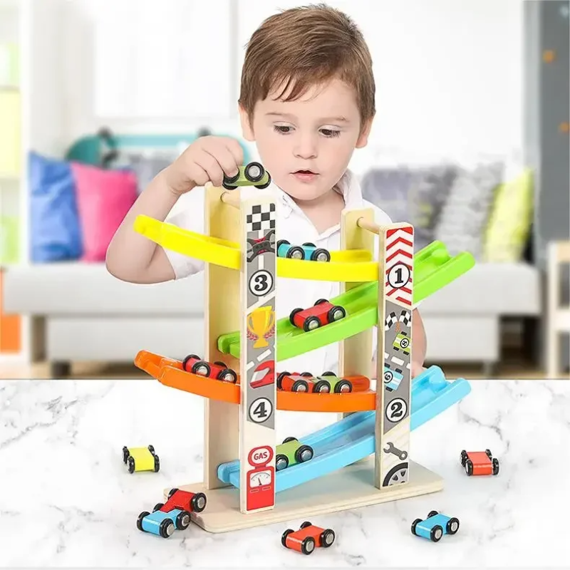 צעצוע ילדים ארבע שכבות גליידרס עץ מונטסורי רכבי מסלול אינרציה