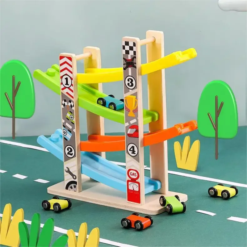 צעצוע ילדים ארבע שכבות גליידרס עץ מונטסורי רכבי מסלול אינרציה